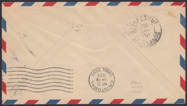 Reverse of stamped envelope bearing Cristobal, Canal Zone, and Mollendo, Peru, postmarks