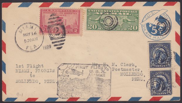 Front of stamped envelope bearing pair of 14-cent American Indian stamps, 20-cent U.S. map airmail stamp, 2-cent International Civil Aeronautics Conference stamp, and FAM 9 first flight marking