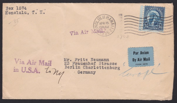 Front of cover mailed from Honolulu, Hawaii, to Berlin, Germany, with 14¢ American Indian stamp paying postage