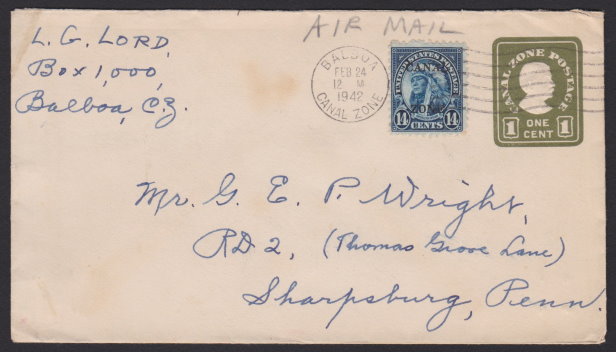 Front of 1¢ William Gorgas stamped envelope with 14¢ American Indian stamp