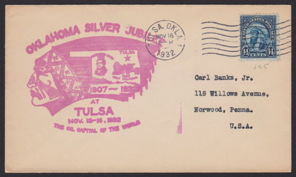 Front of cover bearing 14-cent American Indian stamp and Oklahoma Silver Jubilee cachet