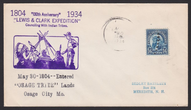 Front of cover bearing 14-cent American Indian stamp and Lewis & Clark Expedition/Osage City, Missouri, cachet