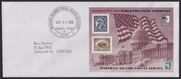 Front of cover bearing souvenir sheet containing 14-cent American Indian stamp and 30-cent Bison stamp