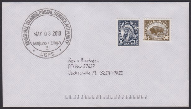 Front of cover bearing 14-cent American Indian stamp and 30-cent Bison stamp