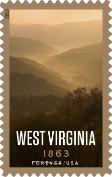 Stamp picturing wooded mountains in West Virginia