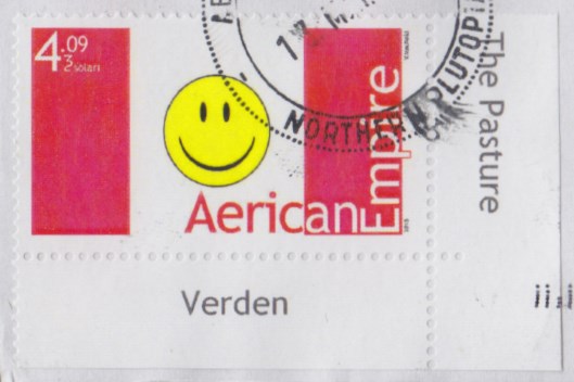 Aerican Empire's stamp picturing flag with red and white vertical bars and smiley face