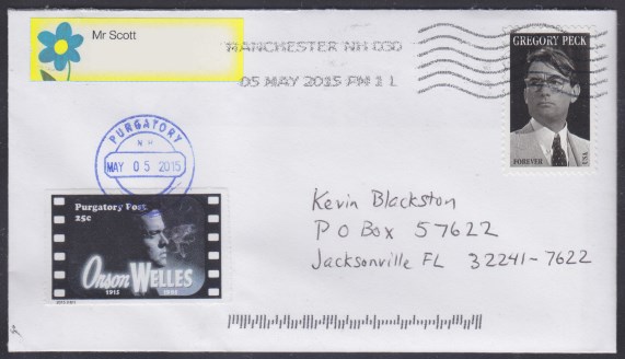 Cover bearing a copy of Purgatory Post's Orson Welles stamp