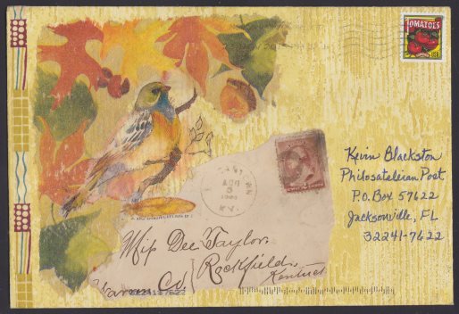 Cover bearing collage comprised of images of bird and leaves and part of a vintage envelope front