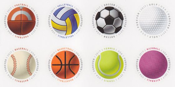 United States stamps picturing football, volleyball, soccer ball, golf ball, baseball, basketball, tennis ball, and kickball