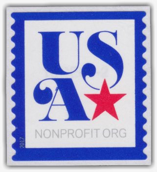 Non-denominated 5-cent U.S. postage stamp picturing blue 'USA' and red star