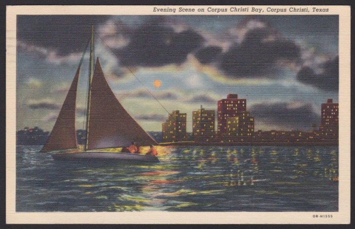 1940s postcard with image captioned 'Evening Scene on Corpus Christi Bay, Corpus Christi, Texas