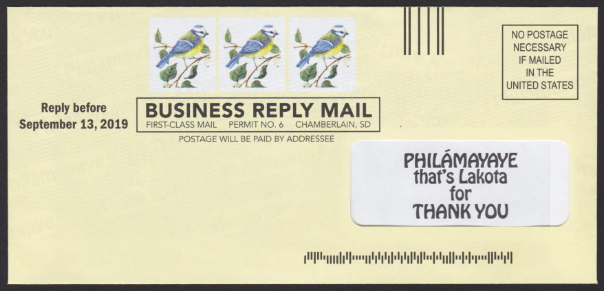 St. Joseph’s Indian School business reply envelope featuring preprinted bird images