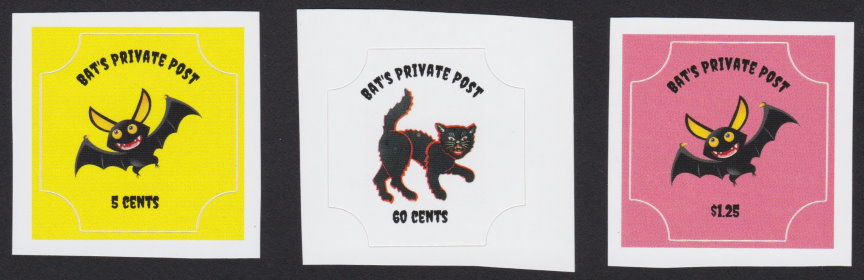 Bat’s Private Post local post stamps picturing bats and cat