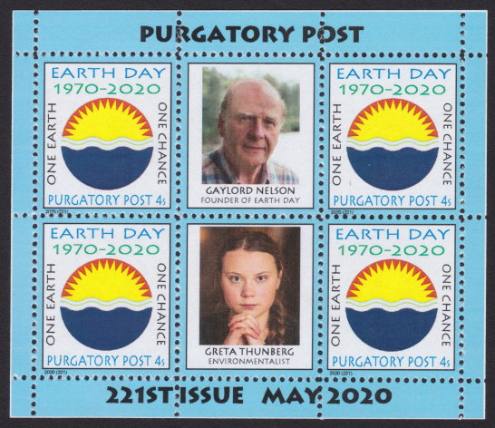 Purgatory Post souvenir sheet including four 4-sola Earth Day stamps and two labels