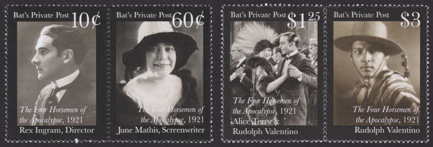 Bat’s Private Post stamps picturing Rex Ingram, June Mathis, Alice Terry, & Rudolph Valentino