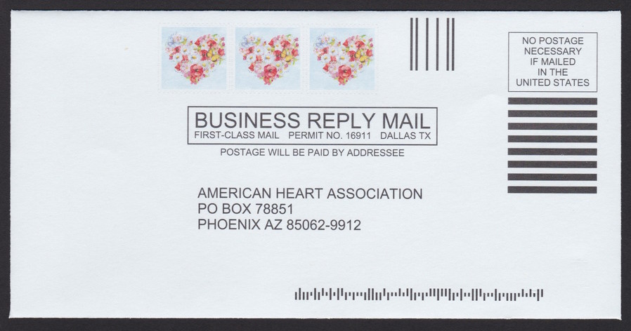 American Heart Association business reply envelope with three stamp-sized designs picturing heart-shaped floral arrangements