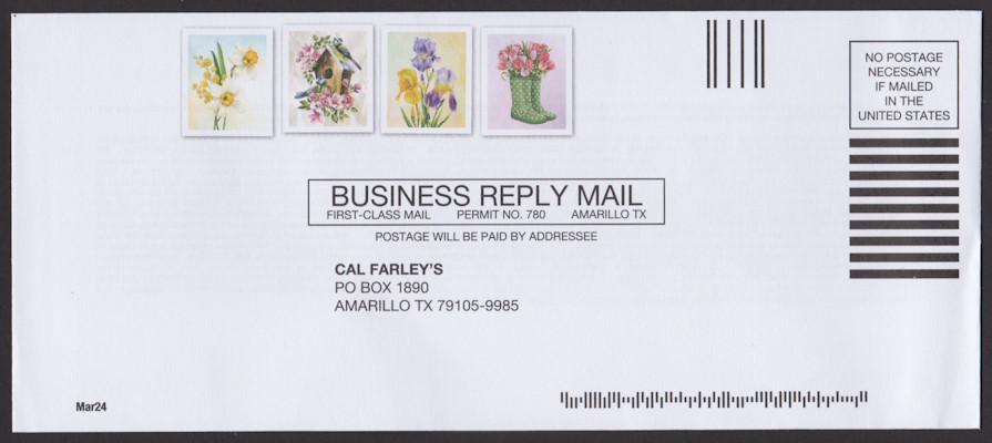 Cal Farley’s business reply envelope with four preprinted stamp-sized designs featuring flowers, a birdhouse, and boots