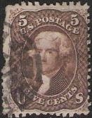 Brown 5-cent U.S. postage stamp picturing Thomas Jefferson