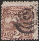 Brown 2-cent U.S. postage stamp picturing a post horse & rider
