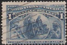 Blue 1-cent U.S. postage stamp picturing Christopher Columbus in sight of land