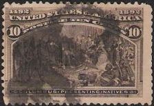 Black brown 10-cent U.S. postage stamp picturing Christopher Columbus presenting natives