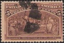 Brown 5-cent U.S. postage stamp picturing Christopher Columbus soliciting aid of Isabella