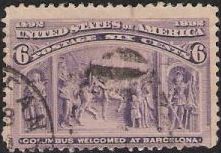 Purple 6-cent U.S. postage stamp picturing Christopher Columbus being welcomed at Barcelona