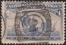 Blue 4-cent U.S. postage stamp picturing fleet of Christopher Columbus