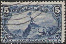 Blue 5-cent U.S. postage stamp picturing John Fremont on Rocky Mountains