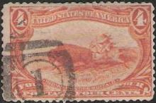 Orange 4-cent U.S. postage stamp picturing Native American hunting buffalo