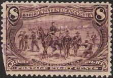 Magenta 8-cent U.S. postage stamp picturing troops guarding train