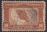 Brown 10-cent U.S. postage stamp picturing map of United States with territory included in Louisiana Purchase highlighted