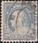 Blue 20-cent U.S. postage stamp picturing Benjamin Franklin