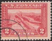 Red 2-cent U.S. postage stamp picturing Panama Canal