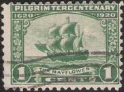 Green 1-cent U.S. postage stamp picturing the Mayflower
