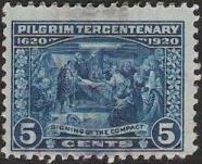 Blue 5-cent U.S. postage stamp picturing the Signing of the Compact