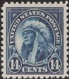 Blue 14-cent U.S. postage stamp picturing American Indian