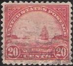 Red 20-cent U.S. postage stamp picturing Golden Gate