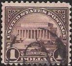 Dark purple $1 U.S. postage stamp picturing Lincoln Memorial