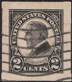 Black 2-cent U.S. postage stamp picturing Warren G. Harding