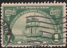 Green 1-cent U.S. postage stamp picturing ship 'Nieu Nederland'