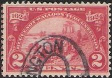 Red 2-cent U.S. postage stamp picturing Walloons landing at Fort Orange