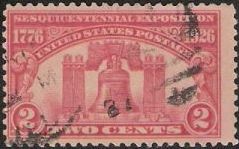 Red 2-cent U.S. postage stamp picturing Liberty Bell