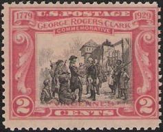 Red & black 2-cent stamp picturing George Rogers Clark at Vincennes