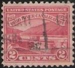 Red 2-cent U.S. postage stamp picturing canal locks on Ohio River