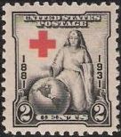 Black & red 2-cent U.S. postage stamp picturing nurse sitting beside Earth