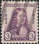 Purple 3-cent U.S. postage stamp picturing William Penn