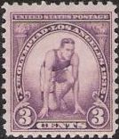 Purple 3-cent U.S. postage stamp picturing crouched sprinter