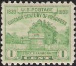 Green 1-cent U.S. postage stamp picturing Fort Dearborn