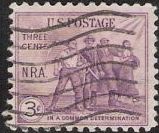 Purple 3-cent U.S. postage stamp picturing workers with tools